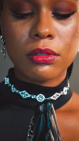 Fantasy portrait african american sexy face woman queen priestess of night. tiara diadem crown silver moon head. Creative black dress. Headshot voodoo girl hands folded in prayer. halloween costume.