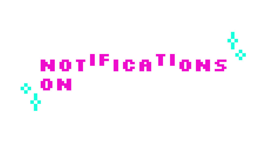 Animated cta button notifications on in pink pixel typography. Asking subscriber to turn on social media alerts. Retro 8 bit style bouncing text reaction animation sparkles. Pixelated jumping letters