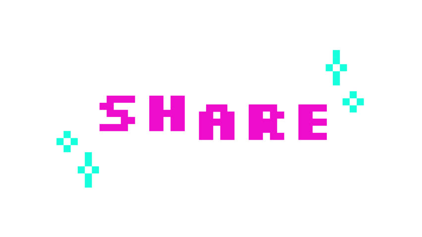 Animated cta button share in pink pixel typography. Online community. Media sharing. Post engagement. Promotion. Retro 8 bit style bouncing text reaction animation sparkles. Pixelated jumping letters