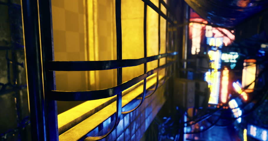 A vibrant alley is bathed in bright neon lights, showcasing colorful reflections on wet surfaces. The urban setting is full of energy and life, perfect for late night exploration.