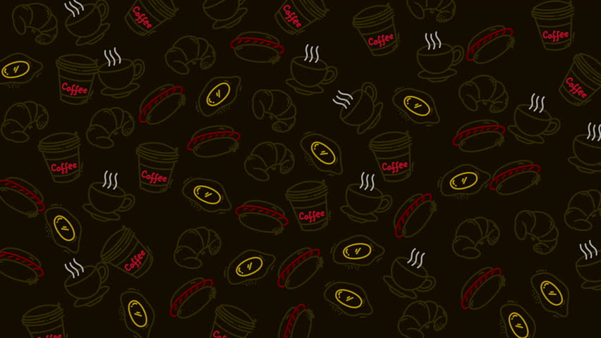 Seamless food pattern of coffee cups, pastries, donuts, and plates on a black background. Suitable for cafe, bakery, restaurant, food themed designs, and social media posts.