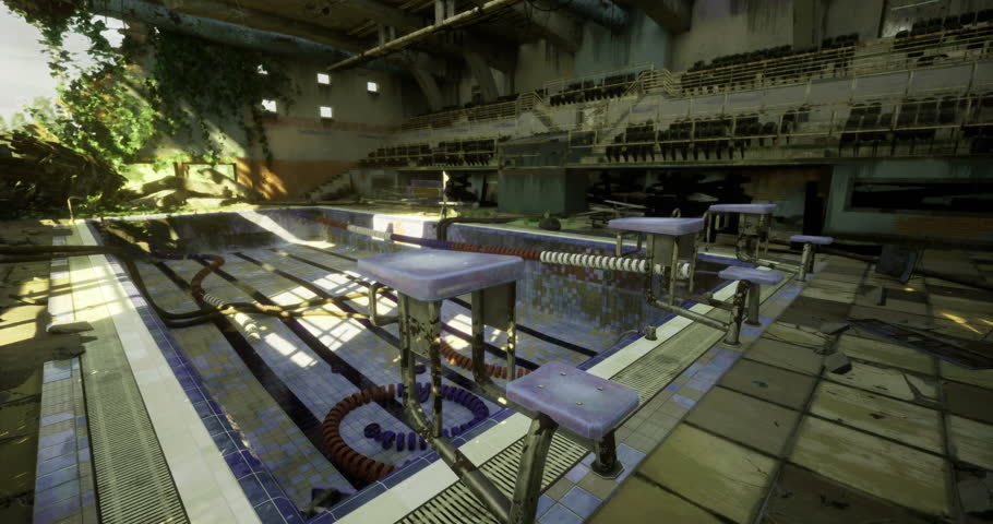 The indoor swimming pool displays empty lanes and diving blocks surrounded by overgrown plants. Sunlight streams through broken windows, illuminating the decaying structure.