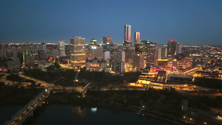 Aerial sunrise view of downtown Edmonton skyline and Saskatchewan river valley, Canada