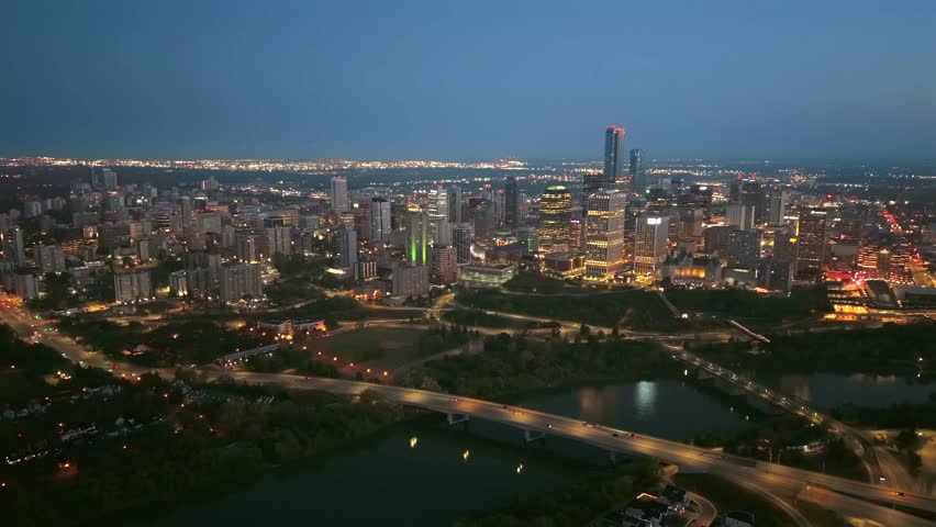 Aerial sunrise view of downtown Edmonton skyline and Saskatchewan river valley, Canada