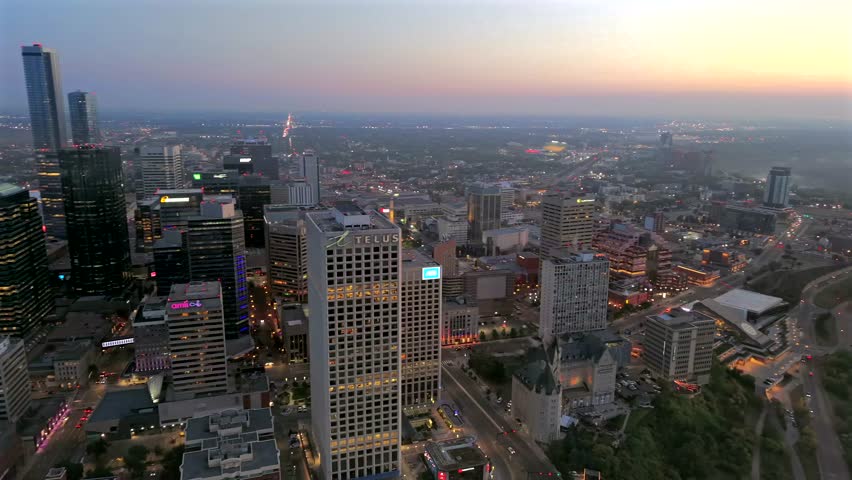 Aerial sunrise view of downtown Edmonton skyline and Saskatchewan river valley, Canada