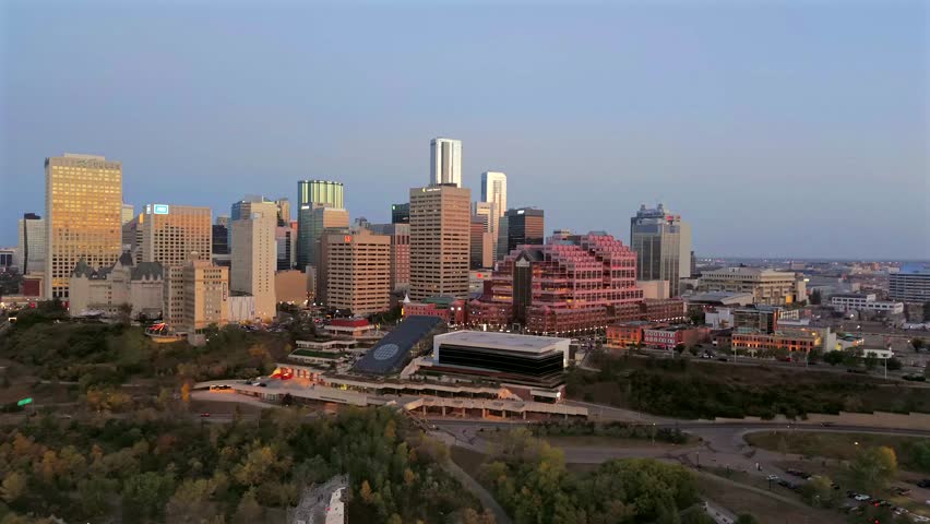 Aerial sunrise view of downtown Edmonton skyline and Saskatchewan river valley, Canada