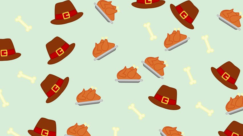 A festive animated background featuring a pattern of falling pilgrim hats, slices of pumpkin pie, and turkey wishbones on a light green backdrop. A perfect holiday loop.