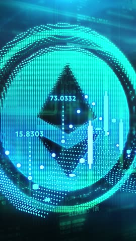 Ethereum cryptocurrency icon on digital space background.