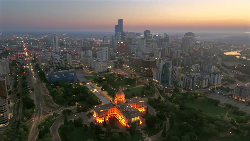 Aerial sunrise view of Alberta Legislature Building and downtown Edmonton skyline, Canada