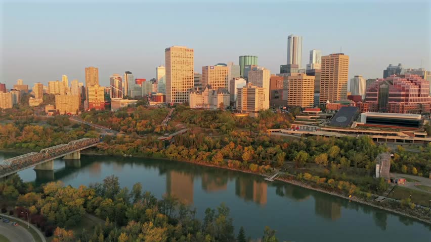 Aerial sunrise view of downtown Edmonton skyline and Saskatchewan river valley, Canada