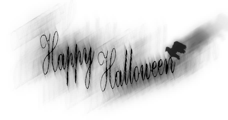 Ink text wishing Happy Halloween and a flying crow on alpha channel