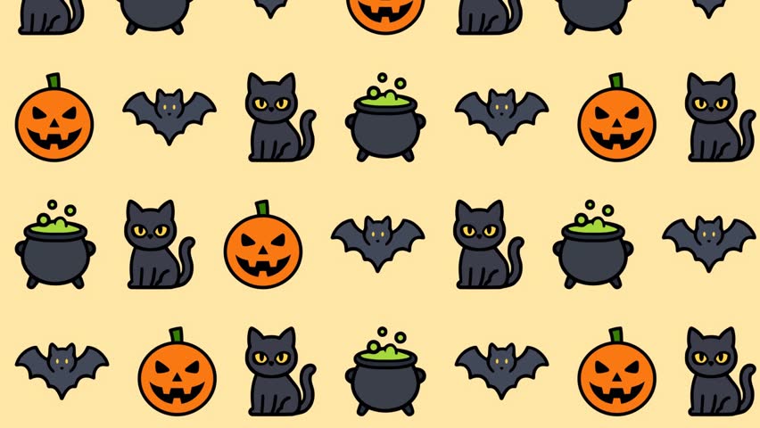 Animated Seamless Halloween Pattern with Black Cat, Pumpkin, Bat, and Magic Cauldron on Beige Background in Cute Cartoon Style