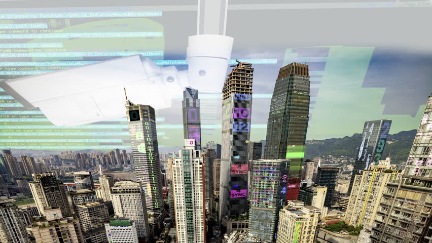 futuristic technology city with code on the buildings and CCTV cameras in background