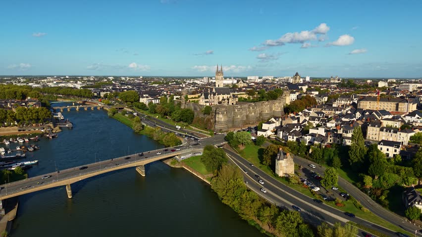 Aerial View on Angers France, panning around from Left to Right