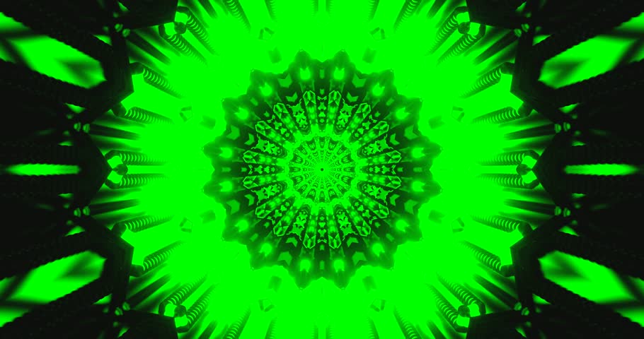 A 3d dynamic bright green neon tunnel of repeating symmetric and geometric patterns on a black background