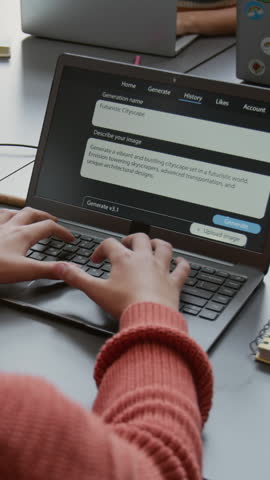 Vertical close-up of hands of unrecognizable young boy student in red pullover writing prompt for artificial intelligence image generator program on laptop at STEM lesson