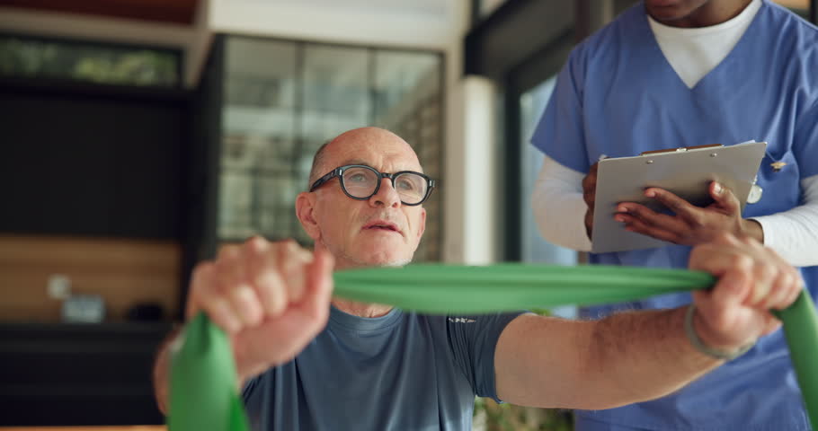 Man, physiotherapist and resistance band with clipboard, stretching and writing notes for healing process. Person, senior patient and healthcare professional for exercise, rehabilitation and advice