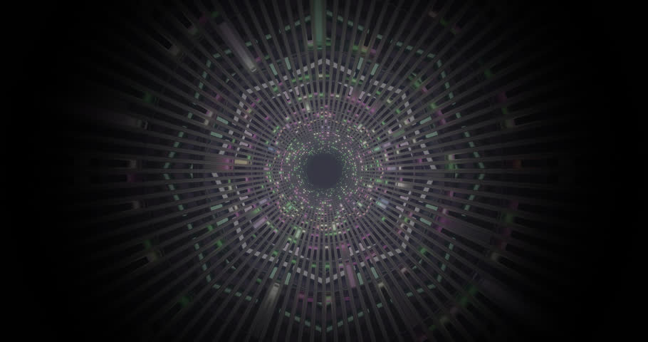 A 3d octagonal colorful futuristic tunnel with bright, neon lights in a seamless motion on a dark background