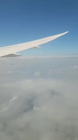 Aerial view from airplane window showing the wing above clouds, evoking travel and freedom.