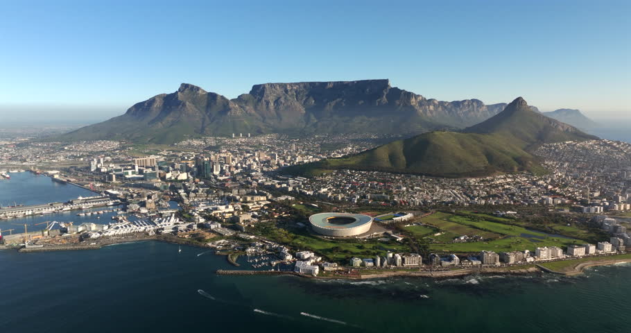 Aerial view of Cape Town with natural landmark Table Mountain on a clear day, Western Cape, South Africa. 