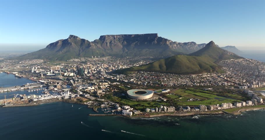 Aerial view of Cape Town with natural landmark Table Mountain on a clear day, Western Cape, South Africa. 