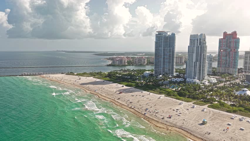 South Beach Miami USA, Drone Shot of Ocean Waves, Beachfront Condominiums and Pointe Park
