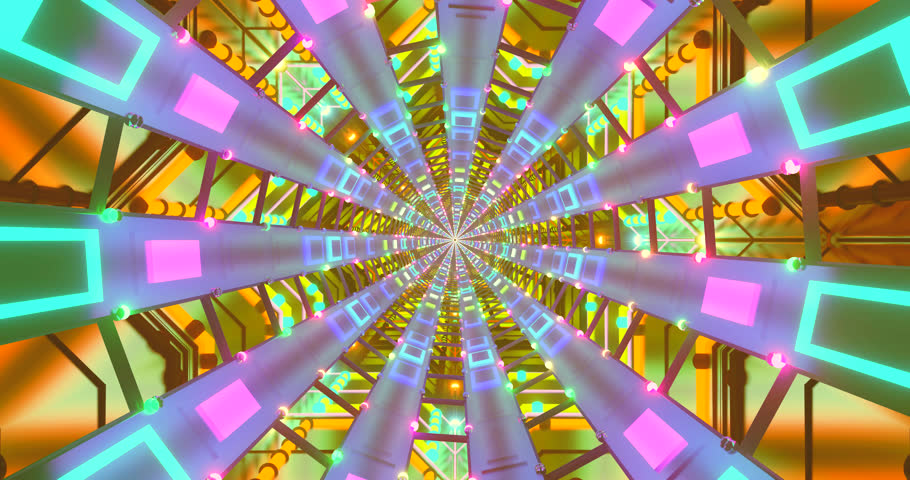 A 3d colorful neon kaleidoscopic tunnel of repeating geometric patterns in smooth motion