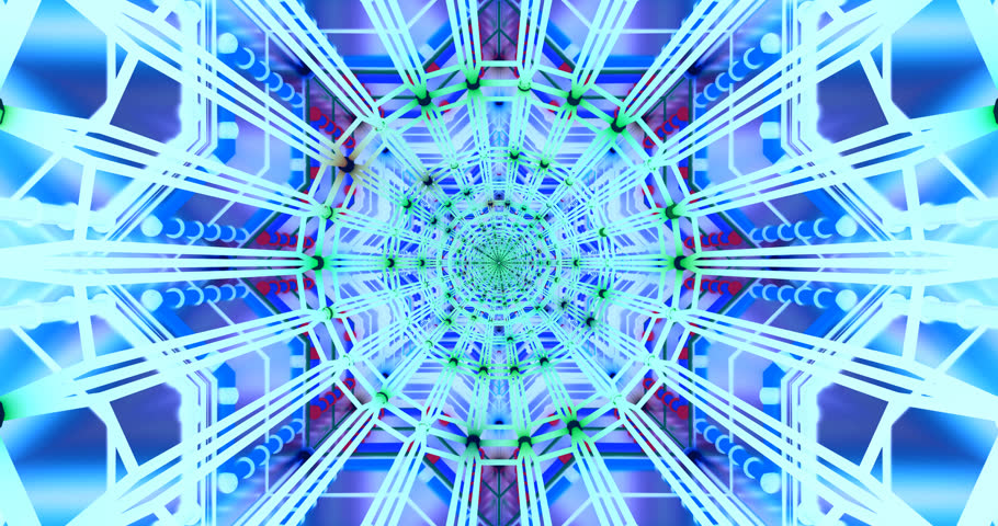 A 3d colorful neon kaleidoscopic tunnel of repeating geometric patterns in smooth motion