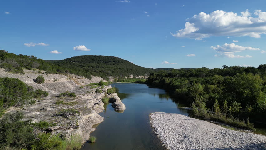 Aerial view of a river in the Texas Hill Country.