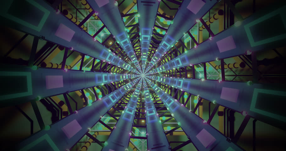 A 3d colorful neon kaleidoscopic tunnel of repeating geometric patterns in smooth motion