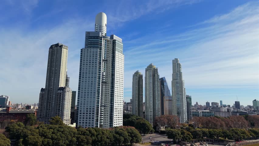 Aerial view of Puerto Madero skyline with modern high-rise buildings, Buenos Aires, Argentina, urban development