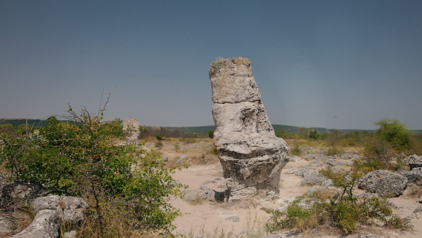 Aerial view of the ancient limestone formations in Pobiti Kamani, Bulgaria, surrounded by dry grass and sparse vegetation under a clear blue sky. High quality 4k footage