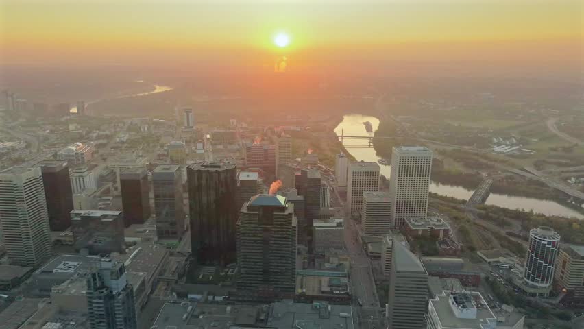 Aerial sunrise view of downtown Edmonton skyline and Saskatchewan river valley, Canada