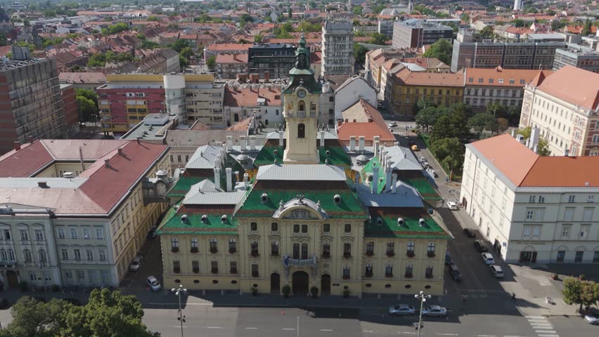 Aerial view of Szeged City Hall, highlighting its historic architecture and central location within the city.