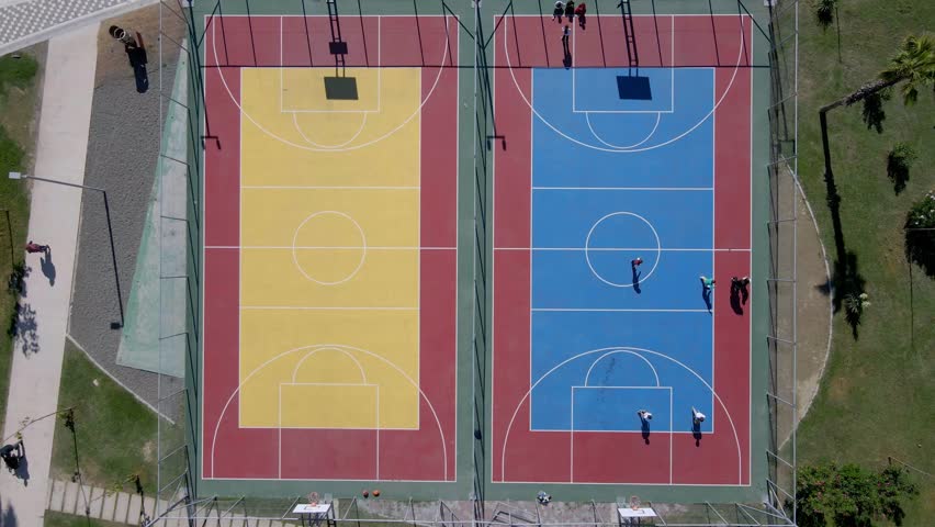 Kids Playing Basketball on Outdoor Court – Aerial View, Hyper-Lapse