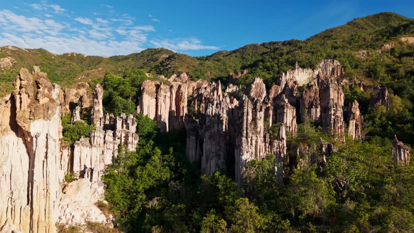 Aerial forward shot of los estoraques unique natural area in norte de santander, colombia