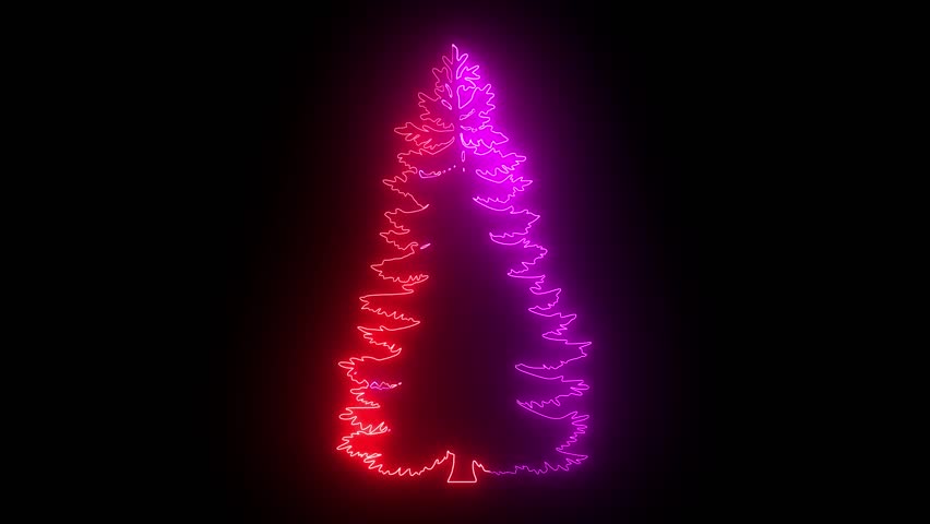 A neon outline of a Christmas tree glows in vibrant pink and red against a dark background, creating a modern festive feel.
