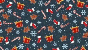 Looping 4K animation with cute Christmas pattern of gifts, candy canes, stockings, gingerbread men, and snowflakes on dark blue background. Perfect for holiday greeting videos and festive visuals. - Powered by Shutterstock - Get 15% off with code: PIKWIZARD15