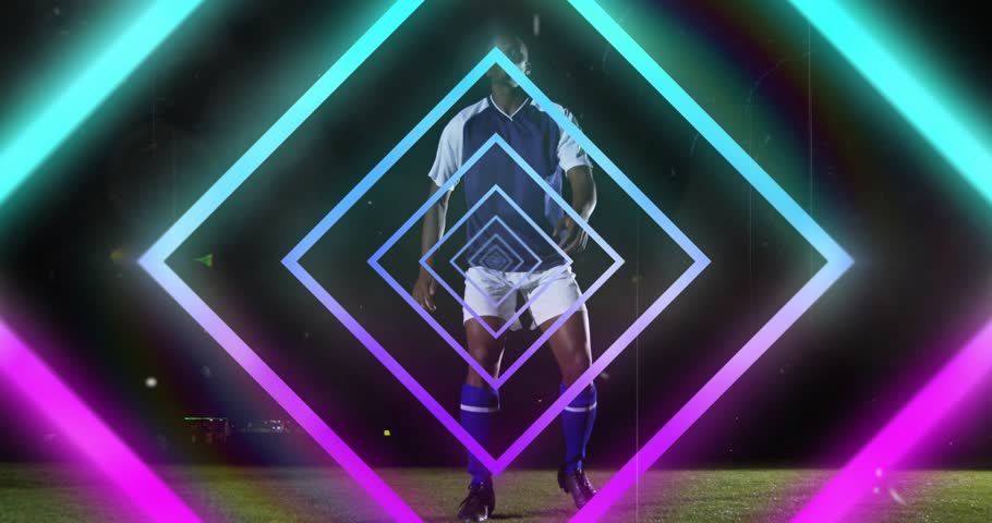 Neon diamonds pulsing under floodlights activating soccer player executing ball control sports demo. Dynamic, sport, digital, energetic, urban, motion, vibrant