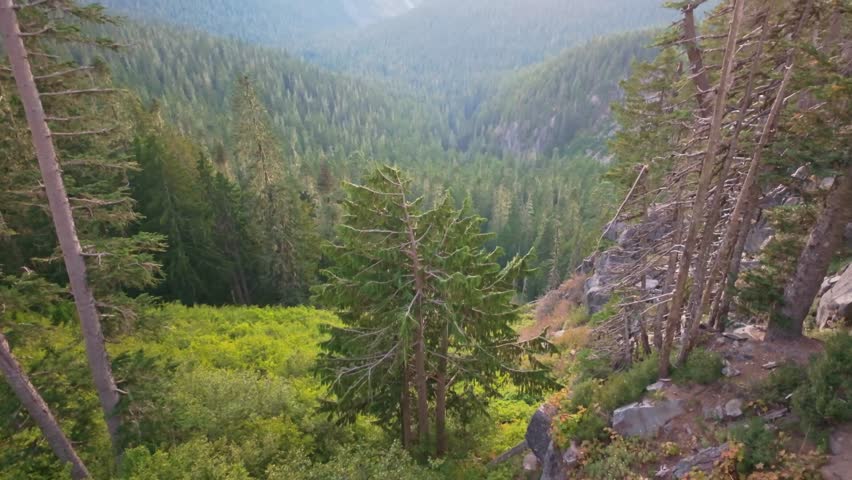 A vivid golden sunset casts a warm glow over Mount Adams and Mazama Ridge, as seen from Inspiration Point in Mount Rainier National Park