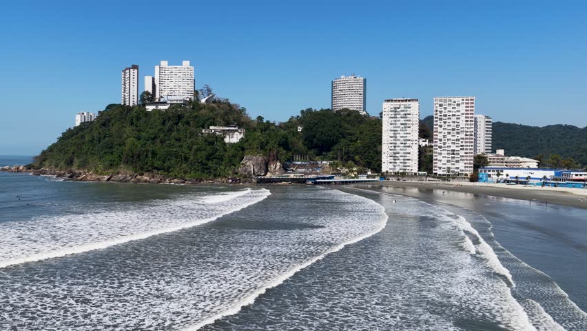 Porchat Island At Sao Vicente In Sao Paulo Brazil. Beach Skyline. Downtown Cityscape. Summer Travel. Porchat Island At Sao Vicente Brazil. Sao Vicente Bay Scenery. Tropical Seascape.