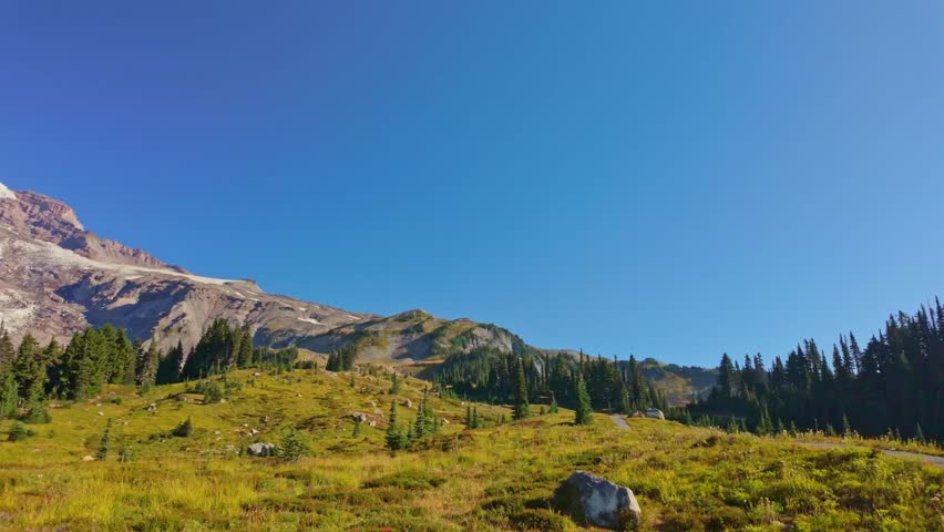 A close-up view of the majestic Mount Rainier on a clear summer day, as seen from the iconic Skyline Trail in Mount Rainier National Park