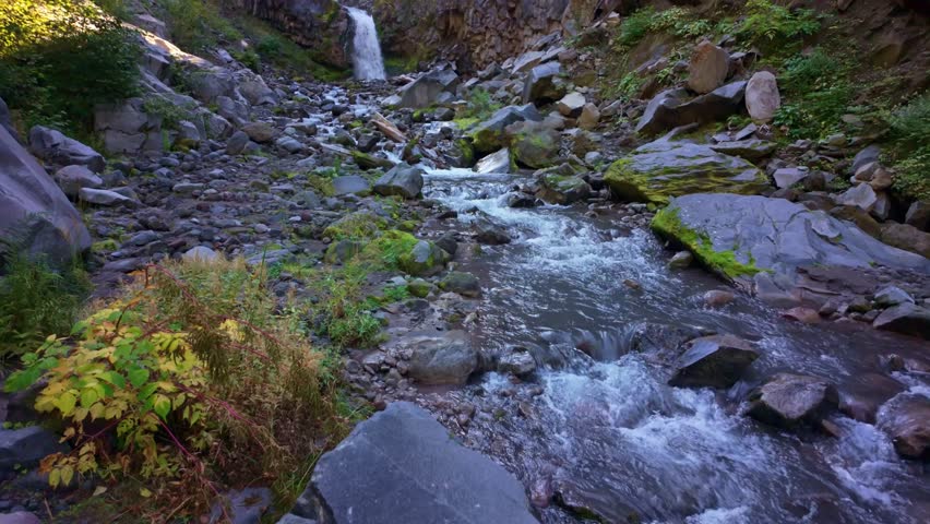 A captivating scenic view of Bloucher Falls, with its waters tumbling along Van Trump Creek amidst the stunning natural setting of Mount Rainier National Park
