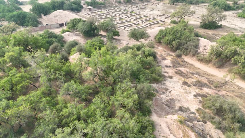 Drone footage of Mound F Workshops and Workers Quarters - Indus Valley Civilization. Harappa, Punjab, Pakistan - 04 OCT 2025
