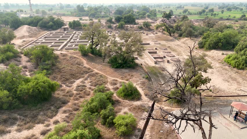 Drone footage of Mound F Workshops and Workers Quarters - Indus Valley Civilization. Harappa, Punjab, Pakistan - 04 OCT 2025