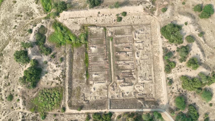 Drone footage of Mound F Granary - Indus Valley Civilization. Harappa, Punjab, Pakistan - 04 OCT 2025