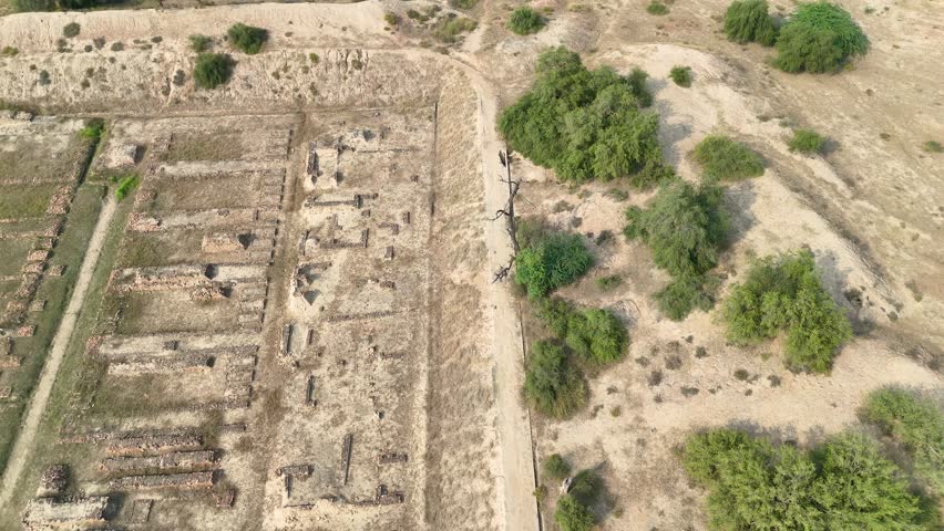 Drone footage of Mound F Granary - Indus Valley Civilization. Harappa, Punjab, Pakistan - 04 OCT 2025