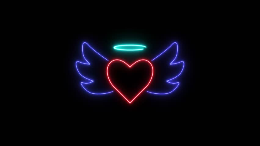 Neon glowing Heart with wings neon Angel Heart icon.Heart Wings Logo Neon Signs Style. animated on black background. neon icon animation.
