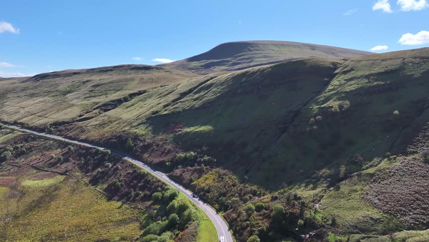 Brecon Beacons national park in Wales, Powys, Wales, Bannau Brycheiniog, September 2025, cinematic drone view