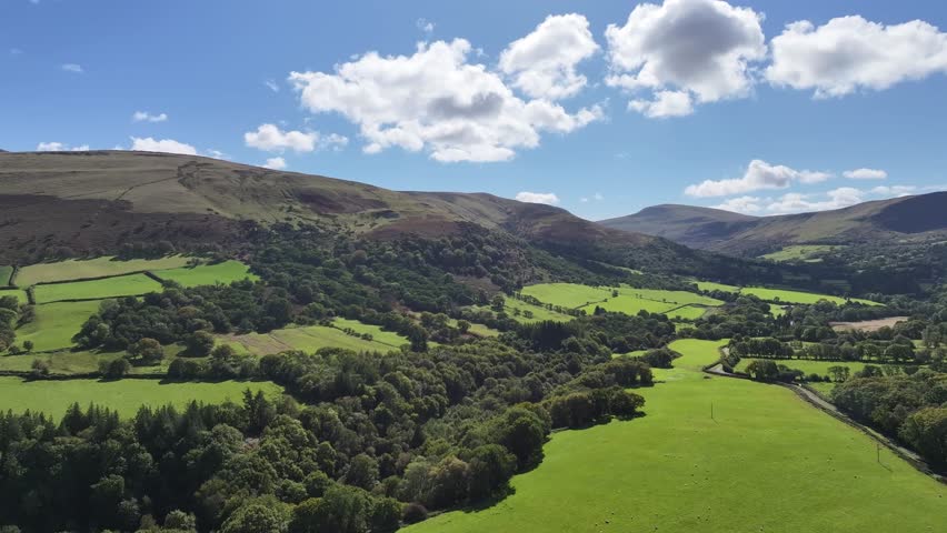 Brecon Beacons national park in Wales, Powys, Wales, Bannau Brycheiniog, September 2025, cinematic drone view